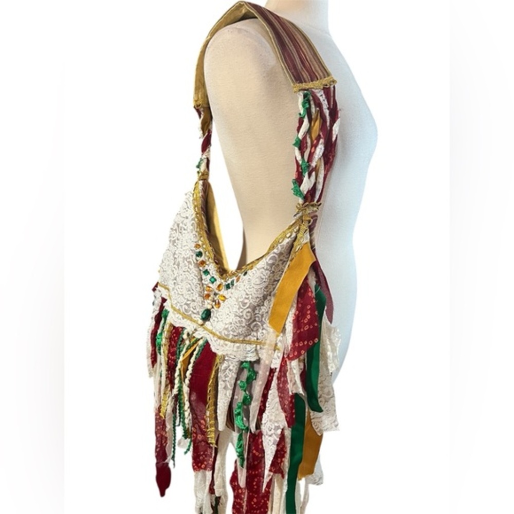 Bohemian Gypsy Crossbody Bag w/gold,green,red stripes & cream lace and fringe